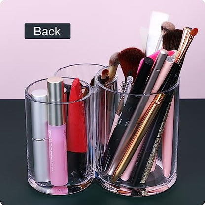 MOSIKER Hair Brush Holder, Clear Acrylic Makeup Brush Organizer, 3 Sections | Connected open-top cylinders in varied heights sort combs, mascara, eyeliner, lip pencils, pens and small remotes.