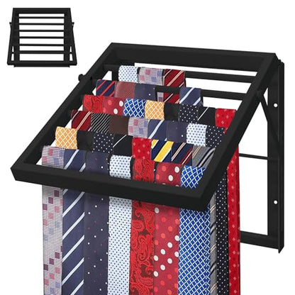 Tie Rack Wall Mounted, Adjustable Angle Tie Organizer for 60 Ties & Scarves | Holds up to 60 Ties, 10 Angle Slots, Wall-Mounted Easy Installation, Long-Lasting Design