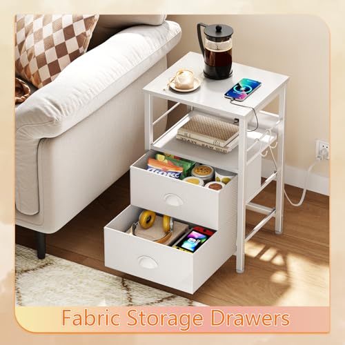 Furologee End Table with Charging Station, Nightstand with Fabric Drawers, Side Tables with USB Ports & Outlets, Night Stand with Storage Shelf & Hooks, for Living Room/Bedroom, White