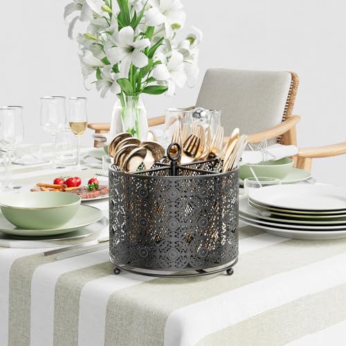 360° Rotating Utensil Caddy Countertop - Cutlery Silverware Caddy Holder with 4 Compartment - Higher Raised Flatware Organizer with Handle for Party Kitchen Counter Office Black