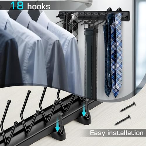 Sliding Tie Racks, 18 Tie Hanger 16.5'' Pull Out Belt Rack for Closet | Aluminum Alloy Extendable Wardrobe Closet Organizer with 18 Hooks for Belts, Ties, Scarves, 16.5'' x 3.15'' (Sprayed Black)