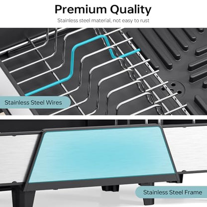 Urackify Large Expandable Dish Drying Rack for Kitchen Counter, Black | Triple Extendable 16.5"-24.2", Stainless Steel Anti-Rust Dish Drainers with Cutlery & Cup Holders for RV, Appartment,