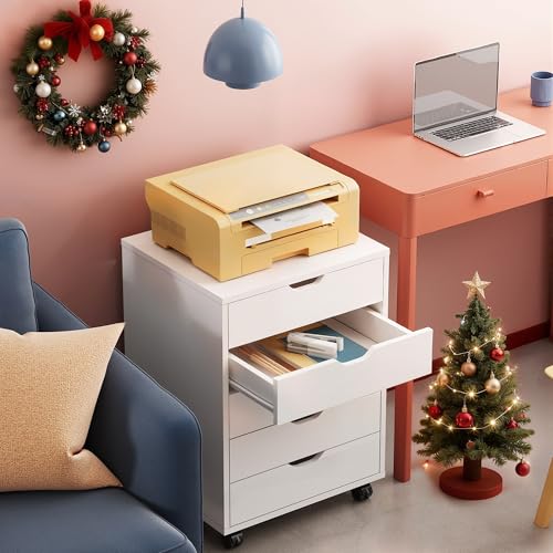 DEVAISE 5-Drawer Filing Cabinet Under Desk, Storage file Cabinet, White | Wood Drawer Unit, Craft Storage Cabinet, Office Rolling Cart, Printer Stand