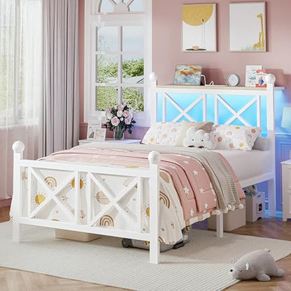 DynJest Twin White Bed Frame with Headboard and Footboard, Storage Shelf with LED Lights and Charging Station, Strong Metal Slats Support, No Box Spring Needed, Under Bed Storage, Easy Assembly