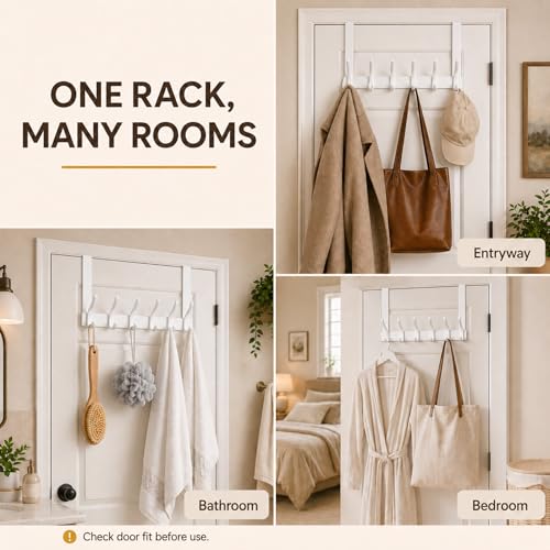 2 Pack Over The Door Hooks, Sturdy Door Hanger, Large Over The Door Towel Rack with 12 Hooks, Heavy Duty Easy to Install, for Bathroom, Bedroom，Kitchen，Hanging Towels, Coats (White)