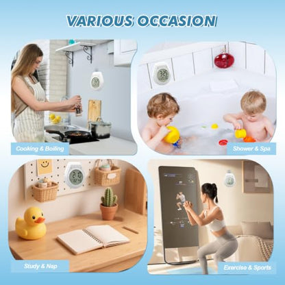 Shower Clock Timer Waterproof, Digital Bathroom Wall Clock with Temperature | w/Date, Suction Cup, for Mirror, Bath, Kitchen, Battery Operated, White