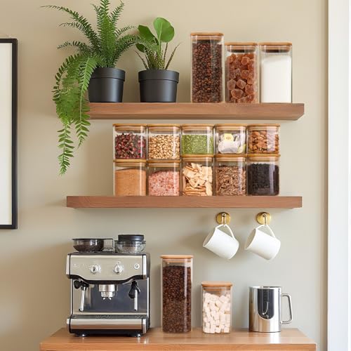 Glass Pantry Storage Containers with Bamboo Lids 1Qt 4 Pack Square | Pantry Organization, Coffee Beans Flour Sugar Pasta Cereal Dry Food Storage, Labels Included, Kitchen Organization