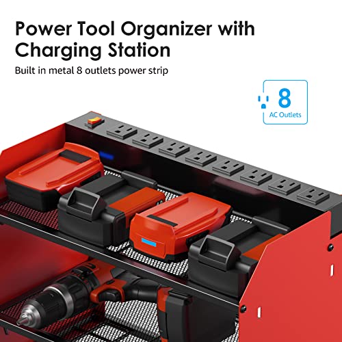 CCCEI Wall Mount Modular Tool Charging Organizer, Red, 1 Pack, 3 Tier. | Drill Battery Storage Rack with Hooks, Garage Workshop, Gifts for Men, Dad, Husband Anniversary, Birthday, Christmas