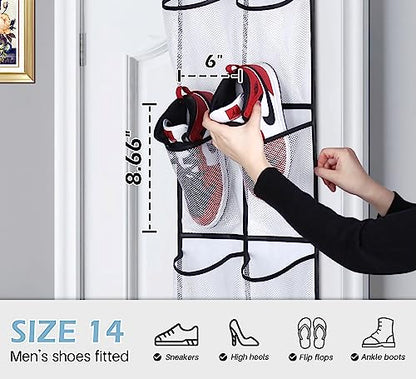 MISSLO Over The Door Shoe Organizer 12 Large Mesh Pockets Hanging Narrow Closet Door, White, 2 Pack