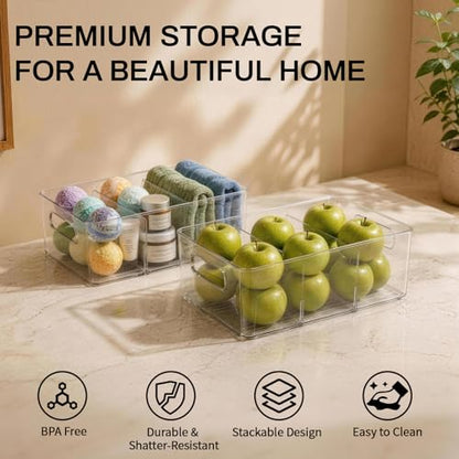 6-Pack Pantry Organizers and Storage, Clear Fridge Organizer Bins | Clear stackable plastic bins with removable dividers for packets, snacks, pouches and spices in pantry, fridge or freezer.