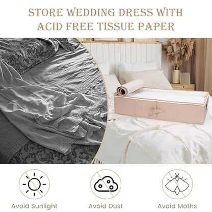 Large Wedding Dress Storage Box with 1 Pair of Microfiber Gloves and 30 Sheets of Acid-Free Paper, Wedding Dress Preservation Box for Heirlooms, Gowns Bride Musthaves (Pink)