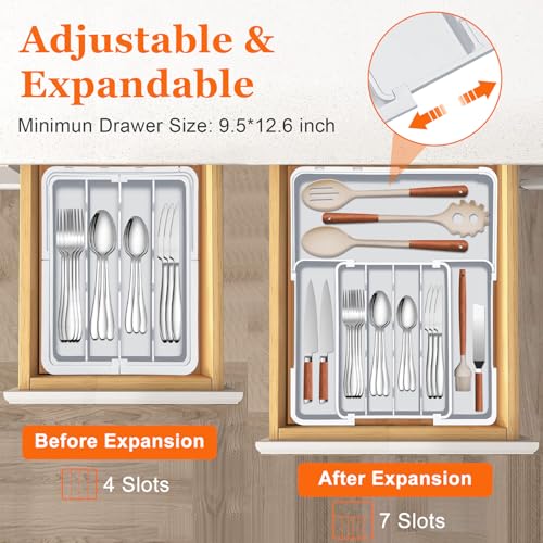 Silverware Drawer Organizer Tray, Adjustable Cutle... (Grey | Polypropylene)