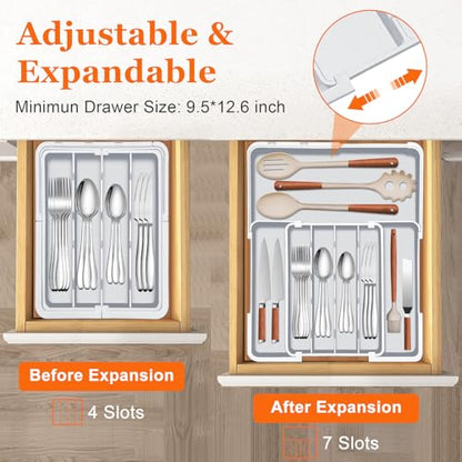 Silverware Drawer Organizer Tray, Adjustable Cutle... (Grey | Polypropylene)