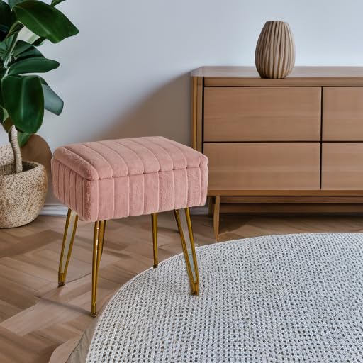 IBUYKE Vanity Stool Chair with Storage, Faux Fur Ottoman, Pink LG-50P | Footrest Footstool Small Side Table 4 Metal Legs Anti-Slip Feet Makeup Room Bedroom