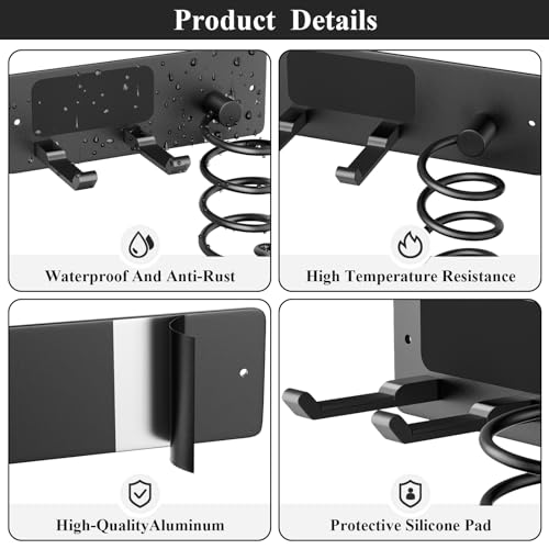 Hair Dryer Holder + Curling Iron Holder,Blow Dryer Holder Wall Mount, Bathroom Hair Tool Organizer Rack for Universal Dryer Matte Black