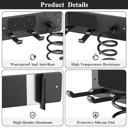 Hair Dryer Holder + Curling Iron Holder,Blow Dryer Holder Wall Mount, Bathroom Hair Tool Organizer Rack for Universal Dryer Matte Black