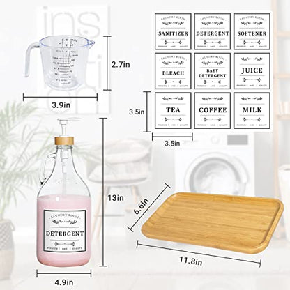 2 Pcs Glass Laundry Detergent Dispenser Bottle, Liquid Laundry Soap Dispenser for Laundry Room, 64oz Detergent Bleach Softener Dispenser for Farmhouse Decor, Includes Bamboo Pumps Tray Funnel Labels