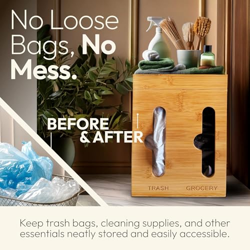 Under Sink Organizer for Kitchen Cabinet - Bamboo Trash Bag Dispenser & Bag Holder – Pantry Organizer & Garbage Roll Holder for Cleaning Supplies, Apartment Essentials & Home Organization