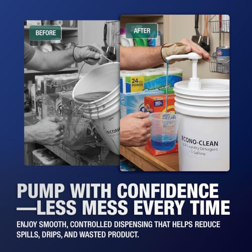 5 Gallon Pump Dispenser - Pump for 5 Gallon Bucket, Jug, Bottle, Large Container - Great for Shampoo & Conditioner, Laundry Detergent, Snow Cone Syrup, Bleach Liquid, Oil & More (Pack of 2)