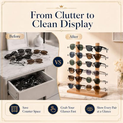 Sunglasses Display Stand, Eyewear Organizer Rack,12 Pair | Beechwood Color, Double-tower Countertop Glasses Holder, Eyeglass Display for Retail Shop, Boutique, Trade Show and Home
