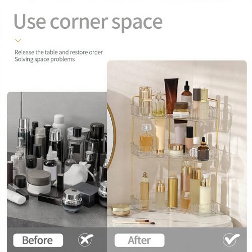 INVSSENE Corner Bathroom Countertop Organizer, Vanity Trays for Counter, Makeup Organizers, Perfume Tray, Kitchen Spice Rack, (Clear, 3 Tiers)
