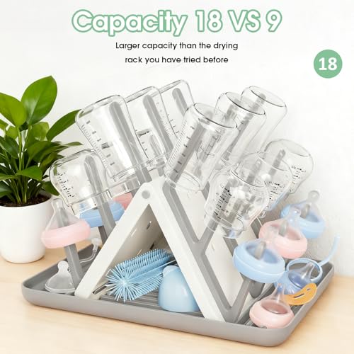 Large Baby Bottle Drying Rack, Space Saving Countertop Holder Organizer | 18 Hooks Slope, Travel Bottle Dryer, Removable Drip Tray for Bottles, Baby Brushes Pacifiers & Pump Part-BPA Free