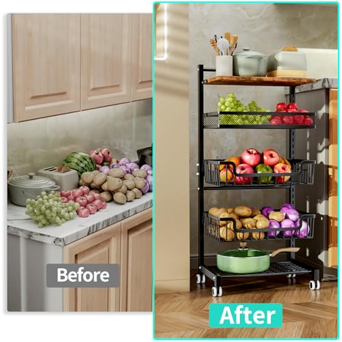 HapiRm Fruit Basket Kitchen Cart - Floor 5 Tier Adjustable Fruit and Vegetable Storage Rack, Large Capacity Rolling Kitchen Carts on Wheels for Pantry Snack Potato and Onion Storage