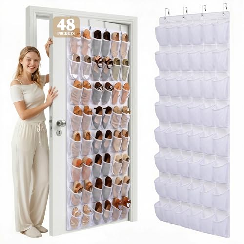 48 Pockets Over The Door Shoe Organizer, Large Mesh Hanging Shoe Rack, 6-Column Heavy Duty Shoe Storage for Sneakers and Heels, Behind Door Holder for Entryway Bedroom Dorm College, White