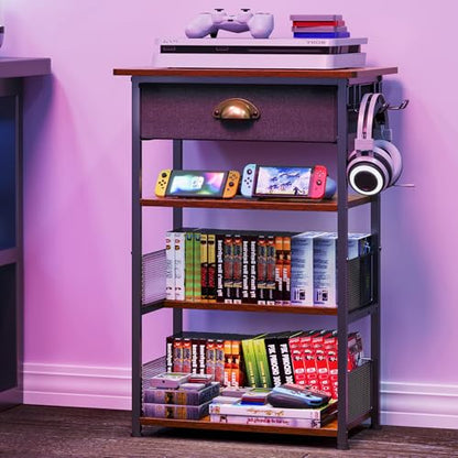 4-Tier AV Media Stand with Drawer, Gaming Console Shelf | Audio Rack Tower with 2 Hooks for PS5, Xbox, Switch, DVD Player, Record Player, Projector and TV Accessories Storage