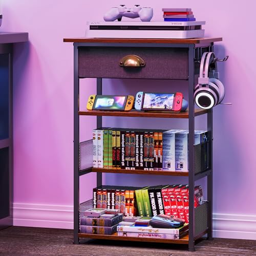 4-Tier AV Media Stand with Drawer, Gaming Console Shelf | Audio Rack Tower with 2 Hooks for PS5, Xbox, Switch, DVD Player, Record Player, Projector and TV Accessories Storage
