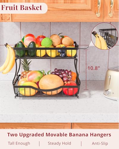 Large 2 Tier Fruit Basket for Kitchen Counter with 2 Banana Hangers, Black | Metal Fruit Bowl with Protection Mats for Vegetables, Snacks & Bread | 14.5" W x 9.5" D
