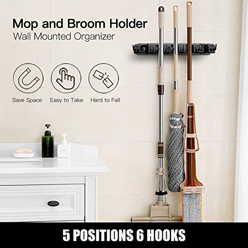 IMILLET 2 Pack Mop and Broom Holder, Wall Mount Organizer Storage Tool Rack | Broom and Mop Organizer Wall Hanging for Garage, Laundry Room, Garden, Utility, 5 Ball Slots and 6 Hooks(Black)