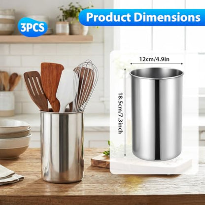 3 Pcs Stainless Steel Utensil Holders for Kitchen Counter, 5.5" x 7.3" Silver Cylinder Countertop Utensil Organizer Heavy Base and Dishwasher Safe for Home Cafe Restaurant Cooking Utensils