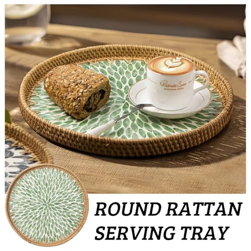 Round Rattan Tray with Mother of Pearl Inlay, Wooden Base | Coffee Table Serving Tray, Home Decorative Wicker Woven, for Outoor Patio Decor
