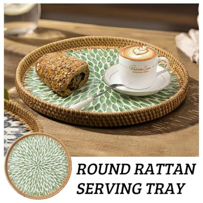 Round Rattan Tray with Mother of Pearl Inlay, Wooden Base | Coffee Table Serving Tray, Home Decorative Wicker Woven, for Outoor Patio Decor