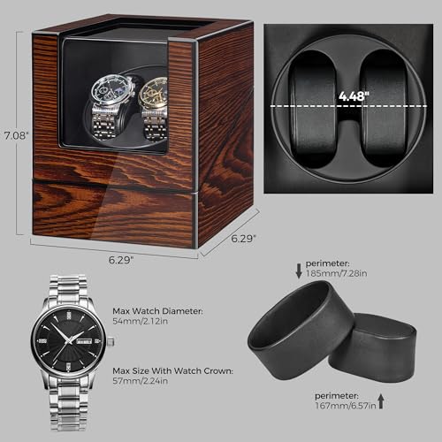 BEWISHOME Watch Winder for Automatic Watches, Automatic Watch Winder Box | Watch Spinner with LED Light, Double Watch Winder with Quiet Motor Wooden 4 Modes Battery or Type-C Adapter, Brown SYQ02Y
