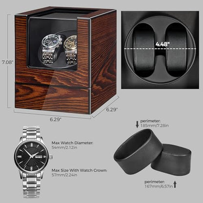 BEWISHOME Watch Winder for Automatic Watches, Automatic Watch Winder Box | Watch Spinner with LED Light, Double Watch Winder with Quiet Motor Wooden 4 Modes Battery or Type-C Adapter, Brown SYQ02Y
