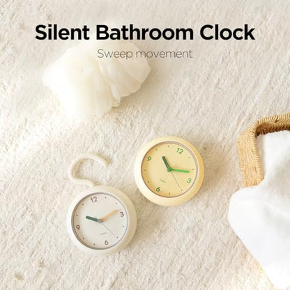mooas Marshmallow Silent Bathroom Clock, Battery Operated (Ivory) | Silent Non-Ticking Bathroom Clock, Splash-Proof, Stand/Hook/Suction, Kitchen, Bathroom