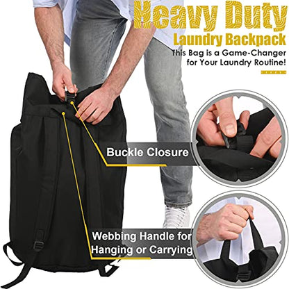Backpack Laundry Bag, 115L Heavy Duty Extra Large College Laundry Backpack, Dirty Clothes Bag with Shoulder Straps, Laundry Hamper Bag with Drawstring Closure for College Dorm, Apartment Black