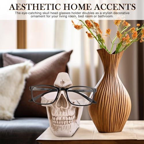 Skull Glasses Holder Stand with Storage Tray , Novelty Eyeglass Holder Rack for Nightstand, Resin Skull Head Sculpture Statue Home Office Desk Decor Gift (White)