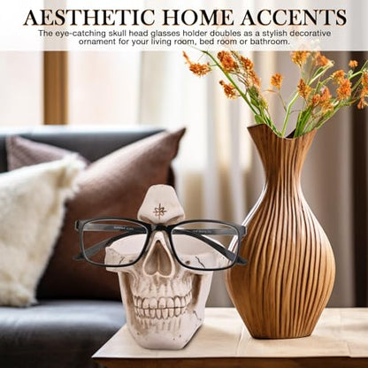 Skull Glasses Holder Stand with Storage Tray , Novelty Eyeglass Holder Rack for Nightstand, Resin Skull Head Sculpture Statue Home Office Desk Decor Gift (White)