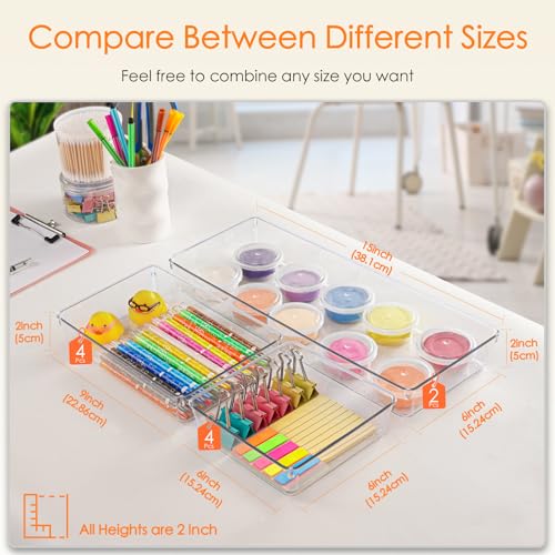 Drawer Organizer, 10 Pack Large Clear Plastic Set, 3 Size Versatile Bathroom and Vanity Organizer Trays, Storage Bins for Makeup, Bedroom, Kitchen Utensils