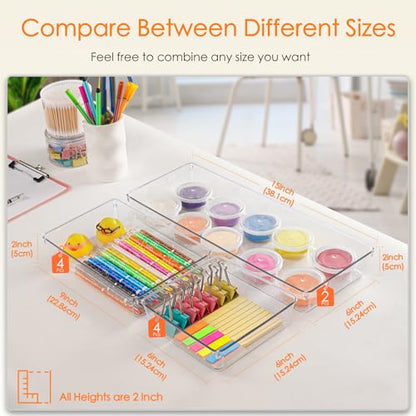 Drawer Organizer, 10 Pack Large Clear Plastic Set, 3 Size Versatile Bathroom and Vanity Organizer Trays, Storage Bins for Makeup, Bedroom, Kitchen Utensils
