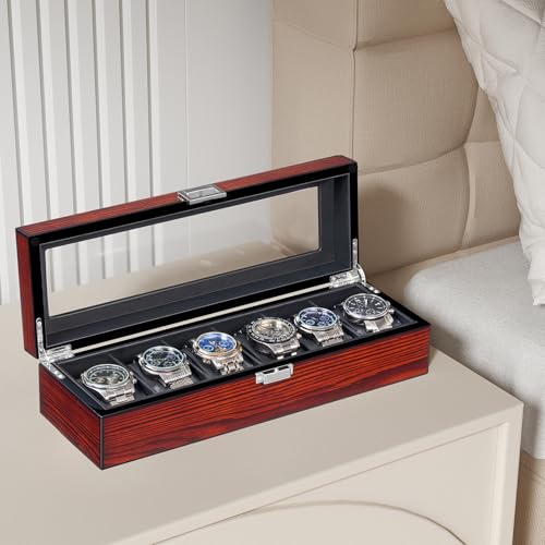 BEWISHOME Watch Box, 6 Slot Wooden Watch Cases for Men with Large Glass Lid | Men's Watch Box, Watch Storage Organizer, Watch Display Case, Watch Holder Removable Watch Pillows, Brown SSH06Y