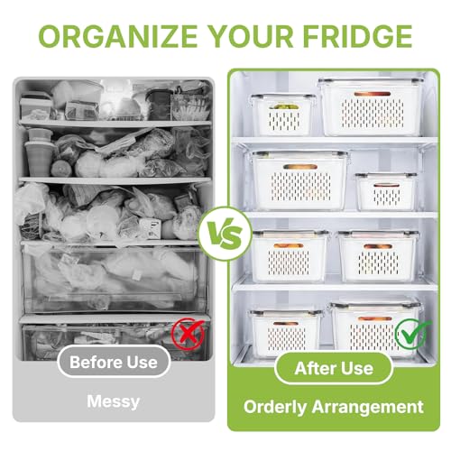 5 Pack Large Fruit Storage Containers for Fridge, Leakproof Produce Containers with Removable Colanders, Dishwasher Safe Fridge Organizers and Storage, Keep Berry, Vegetables Fresh Longer