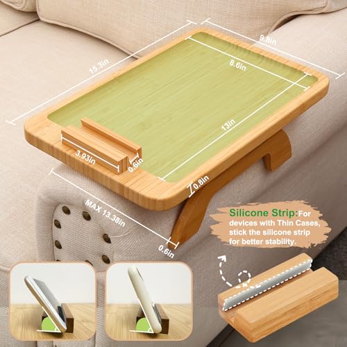 Couch Arm Tray,Bamboo Sofa Clip on Side Table,Foldable Couch Armrest Table with 360°Rotating Phone Holder,Anti Slip Food Trays for Eating/Drinks/Snacks/Remotes 15.35" x 9.85"