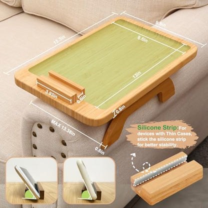 Couch Arm Tray,Bamboo Sofa Clip on Side Table,Foldable Couch Armrest Table with 360°Rotating Phone Holder,Anti Slip Food Trays for Eating/Drinks/Snacks/Remotes 15.35" x 9.85"