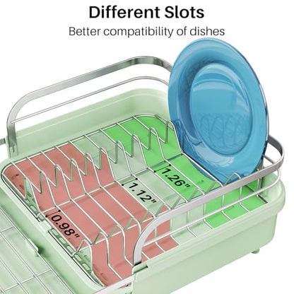 SNTD Expandable Dish Drying Rack for Kitchen Counter, 15.2-22.1 in, Green | Rust-Resistant Stainless Steel, Protective Side Rails, Self-Draining Drainboard, Removable Utensil Holder