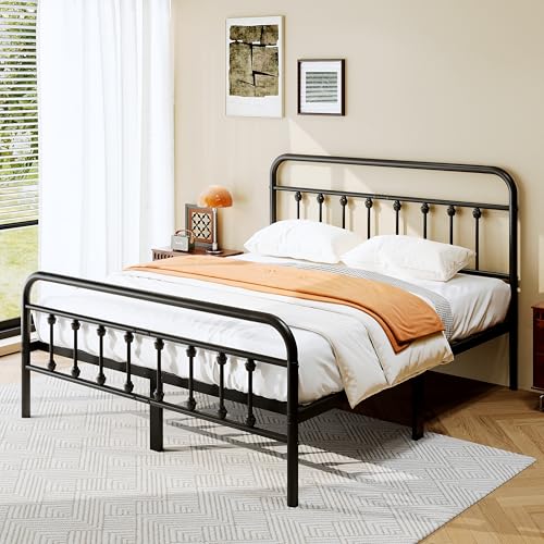 zunatu Full Size Metal Bed Frame with Victorian Style Headboard and Footboard, Steel Slat Support Platform Bed, No Box Spring Needed, Under Bed Storage, Easy Assembly, Black
