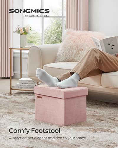 SONGMICS Small Folding Storage Ottoman, Jelly Pink | Foot Rest Stool, 12.2 x 16.1 Inches, 286 lb Capacity, Bedroom, Dorm, ULSF200R01